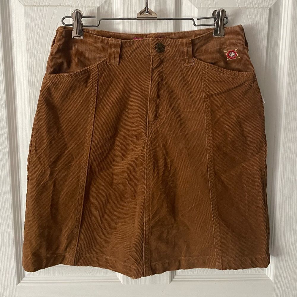 Genuine Girl Brown Boho Corduroy Skirt W/embroidered Flower Size 14